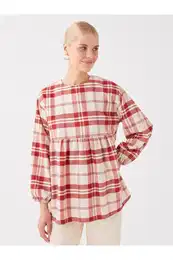 Crew Neck Plaid Long Sleeve Women's Tunic