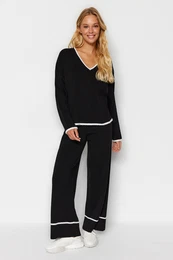 Black Wide Pattern Hairy Yarn Garnished Knitwear Top-Bottom Set