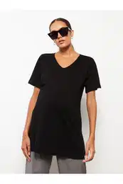 V-Neck Plain Short Sleeve Cotton Maternity T-Shirt