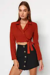 Tile Crop Tie Woven Blazer Jacket