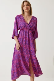 Happiness stanbul Women's Dark Pink Blue Deep V Neck Summer Long Viscose Dress