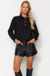 Black Thessaloniki/Knitwear Look Regular/Normal Fit Buttoned Knitted Sweatshirt
