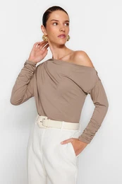 Mink Asymmetric Collar Flowy Stretchy Knitted Blouse