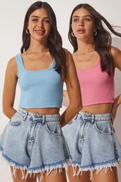 Happiness stanbul Women's Sky Blue Pink Strappy Crop 2-Pack Knitted Blouse