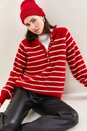 enski ovratnik z gumbi navzdol Turtleneck rtasti pletenini pulover