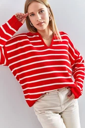 Women's Polo Neck Striped Oversize Knitwear Sweater