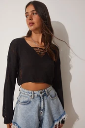 tst stanbul Dmsk ern V-vstih roztrhan detail Seznn Crop Pleten svetr
