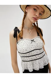 Polka Dot Tulle Top Bowknot Strappy Gathered