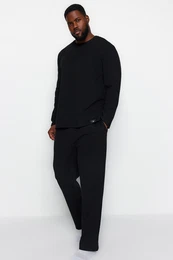 Black Waffle Knitted Plus Size Pajamas Set