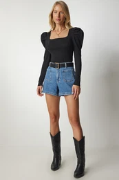 Happiness stanbul Women's Black Square Neck Ribbed Knitwear Blouse