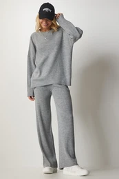 Happiness stanbul Women's Gray Knitwear Sweater Pants Suit