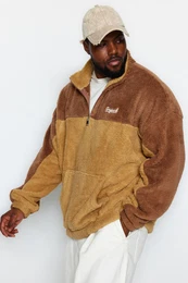 Camel Unisex Plus Size Oversize/Wide Fit Color Block Embroidered Plush Sweatshirt