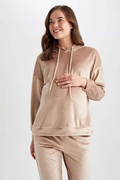 Hooded Velvet Maternity Sweatshirt with Flounce Sleeves