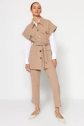 Mink Gold Buttoned Vest-Pants Knitted Top and Bottom Set