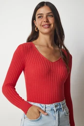 Happiness stanbul Women's Dark Orange V-Neck Ribbed Basic Blouse