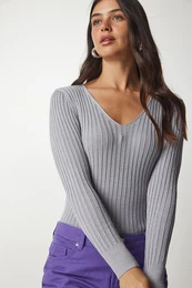 Happiness stanbul Women's Gray V-Neck Ribbed Basic Blouse