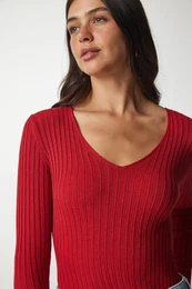 Happiness stanbul Women's Red V-Neck Basic Ribbed Basic Blouse