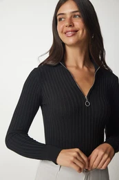 Happiness stanbul Women's Black Zipper High Neck Ribbed Knitwear Blouse