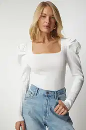 Happiness stanbul Women's White Square Neck Ribbed Knitwear Blouse
