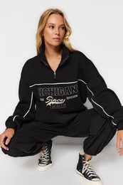 Black Zipper Printed Oversize/Wide Fit Fleece Knitted Sweatshirt