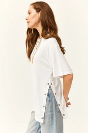 Women's White Cotton T-Shirt with Gold Buttons on the Sides