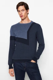 Indigo Slim Fit Cotton Crew Neck Color Block Knit Sweater