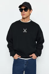Black Oversize/Wide Cut Long Sleeve Animal Embroidered Sweatshirt