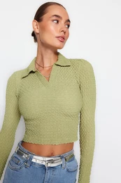 Green Premium Textured Fabric Polo Neck Fitted Crop Knitted Blouse