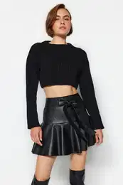 Black Faux Leather Skirt with Frill Tie Tie Detail Mini Woven Skirt