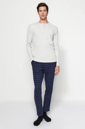 Navy Blue Plaid Knitted Unisex Pajama Bottoms Tracksuit