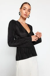 Black Pleat Detailed Double Breasted Closure Ruffle V Neck Blouse
