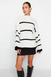 Ecru Wide Pattern Striped Knitwear Sweater