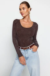 Brown Aged/Faded Effect Cotton Long Sleeve Elastic Snaps Knitted Body