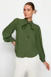 Khaki Scarf-Length Regular Pattern Woven Shirt with Draped Sleeves
