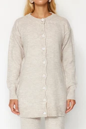 Stone Pearl Buttoned Knitwear Cardigan Trousers Two Piece Set