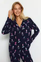 Navy Viscose Ski Patterned Shirt-Pants Woven Pajamas Set