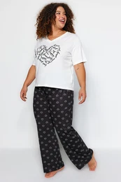 Curve White Heart Patterned Knitted Pajama Set