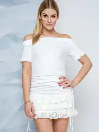dress decorated with carmen neckline and lace ecru frills
