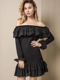 COLD SHOULDER DRESS WITH FLOUNCES BLACK