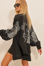 Trend Alaat Stili Women's Black Embroidered Kimono Jacket