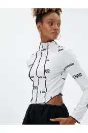 Long Sleeve T-Shirt Crop Printed Asymmetrical Cut with Stitching Detail