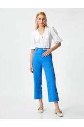 Crop Wide Leg Trousers High Waist Pocket Cotton