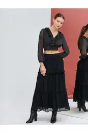 Crop Chiffon Blouse V-Neck Frilly Polka Dot Waist Gipped