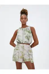 Parachute Crop Blouse Sleeveless Tie Dye Patterned Round Neck