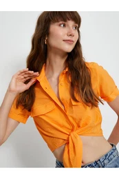 Front Tie Shirt Short Sleeve Pocketed Viscose Blend