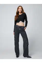 Shiny Stone T-Shirt Crop Long Sleeve Ribbed Crew Neck
