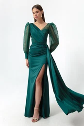 Women's Emerald Green Double Breasted Collar Silvery Long Satin Evening Dress