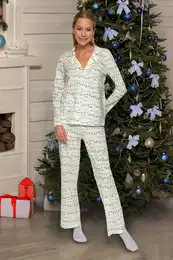 Off-White 100% Cotton Christmas Themed Shirt-Pants and Knitted Pajamas Set