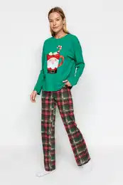 Green 100% Cotton Christmas Themed Knitted Pajama Set
