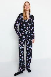 Black 100% Cotton Galaxy Patterned Shirt-Pants Pajama Set